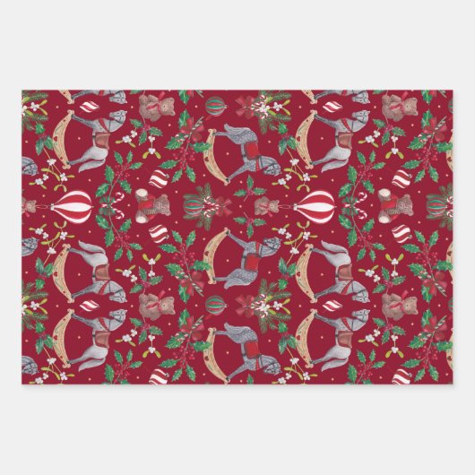 Feuille De Papier Cadeau Nostalgique Noël Rocking Horse Bear Festive (Devant 3)