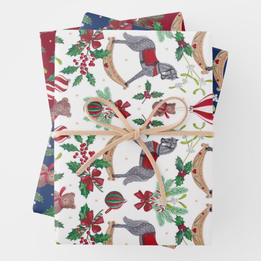 Feuille De Papier Cadeau Nostalgique Noël Rocking Horse Bear Festive (En situation)