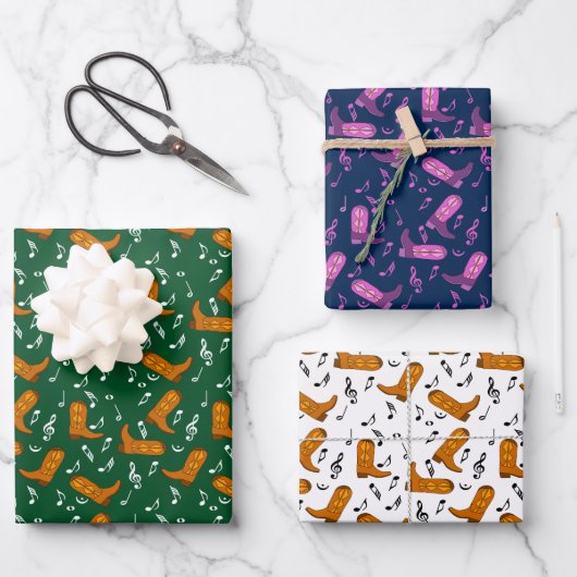 Feuille De Papier Cadeau Notes musicales des Boots de Cowboy (Recto)