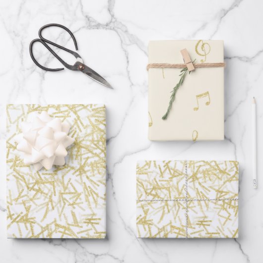 Feuille De Papier Cadeau Notes musicales White Gold Confetti (Recto)