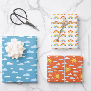 Feuille De Papier Cadeau Nuages arc-en-ciel mignons et soleil