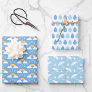 Feuille De Papier Cadeau Nuages de pluie arc-en-ciel, gouttes de pluie et p