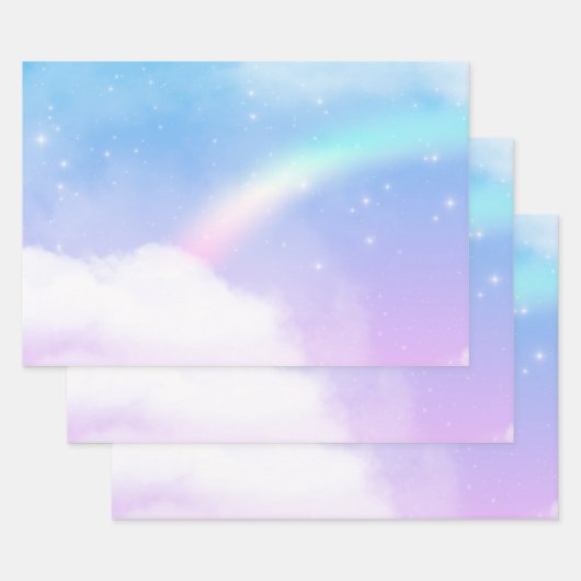 Feuille De Papier Cadeau Nuages pastel magiques et arc-en-ciel (Lot)