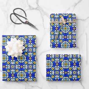 Feuille De Papier Cadeau Nuances de bleu et de jaune de style vitrail