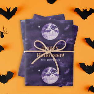 Feuille De Papier Cadeau Nuit d'Halloween violette effrayante Lune aquarell