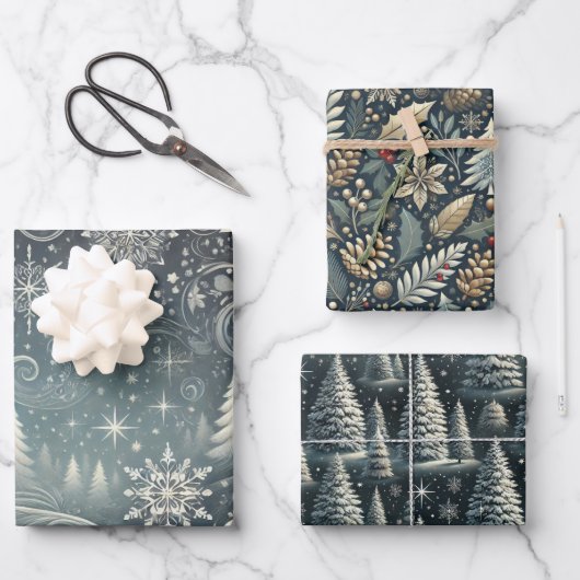 Feuille De Papier Cadeau Nuit d'hiver enchantée : Élégant Noël Set de 3 (Recto)