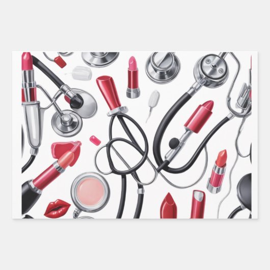 Feuille De Papier Cadeau Nurse Glam – Stethoscope & Lipstick Pattern (Devant 2)