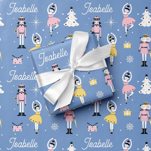 Feuille De Papier Cadeau Nutcracker Nom personnalisé bleu Noël