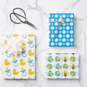 FEUILLE DE PAPIER CADEAU OBJETS BÉBÉS BLANCS JAUNES BLEUS