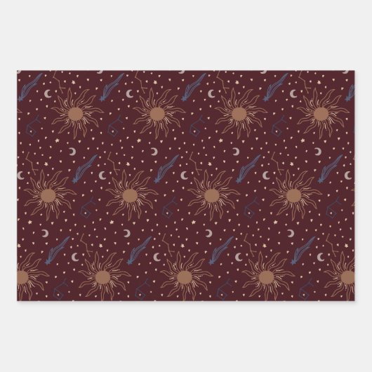 Feuille De Papier Cadeau Objets célestes, lune, soleil, chat, starburst (Devant 3)