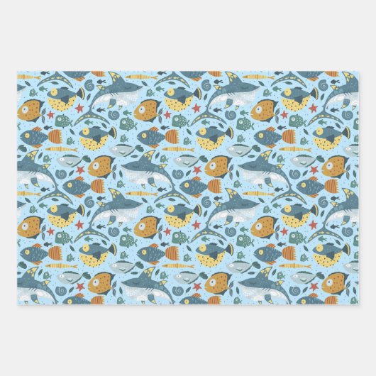 Feuille De Papier Cadeau Océan Bleu Sous La Mer Thème Requins Anniversaire (Devant 2)