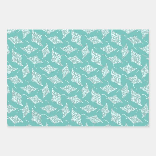 Feuille De Papier Cadeau Ocean Manta Rays Style Polynésien Bleu Blanc (Devant)