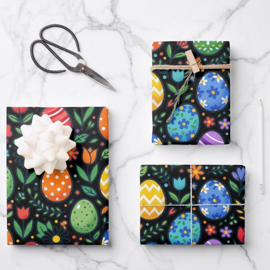 Feuille De Papier Cadeau Œufs de Pâques et Fleurs Arc-en-ciel (Recto)
