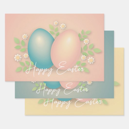 Feuille De Papier Cadeau OEufs pâques bleu et rose et fleurs printanières (Lot)