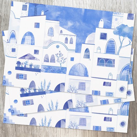 Feuille De Papier Cadeau Oia Santorini Grèce Aquarelle Ville Peinture