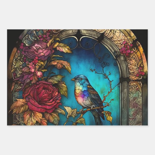 Feuille De Papier Cadeau Oiseau Alcool Encre Joyau Tons (Devant)