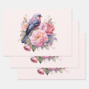 Feuille De Papier Cadeau Oiseau chanteur debout sur des pivoines roses