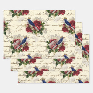 Feuille De Papier Cadeau Oiseaux bleus Vintages avec couronnes et Roses