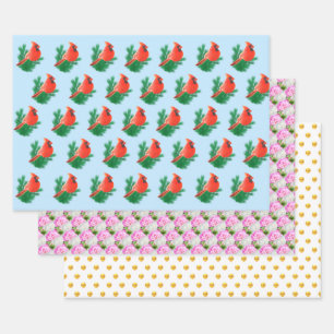 Feuille De Papier Cadeau Oiseaux cardinaux, fleurs de pivoine et pois dorés