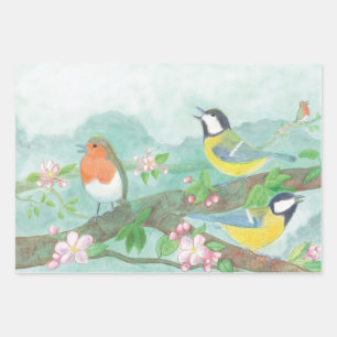 Feuille De Papier Cadeau Oiseaux chantant sur une branche d'arbre en fleurs