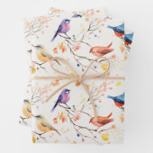 Feuille De Papier Cadeau Oiseaux d'aquarelle sur Motif de branche (En situation)