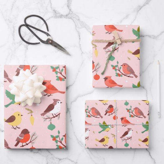 Feuille De Papier Cadeau Oiseaux de Noël d'hiver (Recto)