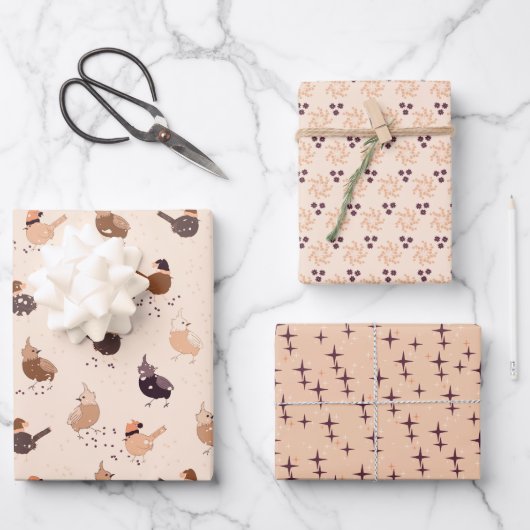 Feuille De Papier Cadeau Oiseaux de Noël, étoiles et baies (Recto)