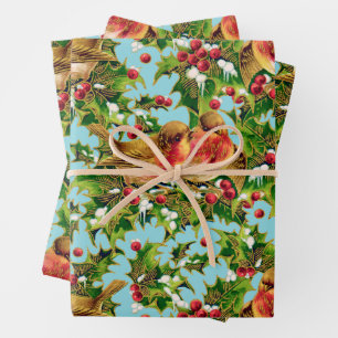 Feuille De Papier Cadeau Oiseaux de Noël Vintage Holly Faux Motif d'or