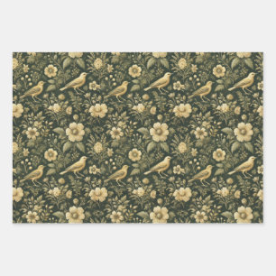 Feuille De Papier Cadeau Oiseaux Élégants & Enveloppement Vintage Floral & 
