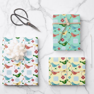 Feuille De Papier Cadeau Oiseaux Fleurs Rétro Moderne Motif du milieu du s