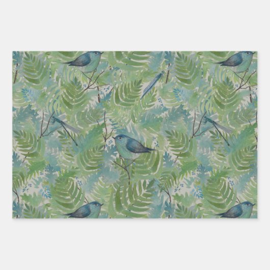 Feuille De Papier Cadeau Oiseaux libellules Bleu Fermes Découpage (Devant 2)