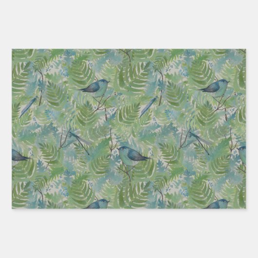 Feuille De Papier Cadeau Oiseaux libellules Bleu Fermes Découpage (Devant)