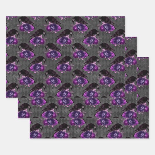 Feuille De Papier Cadeau Oiseaux noirs et Roses pourpres (Lot)