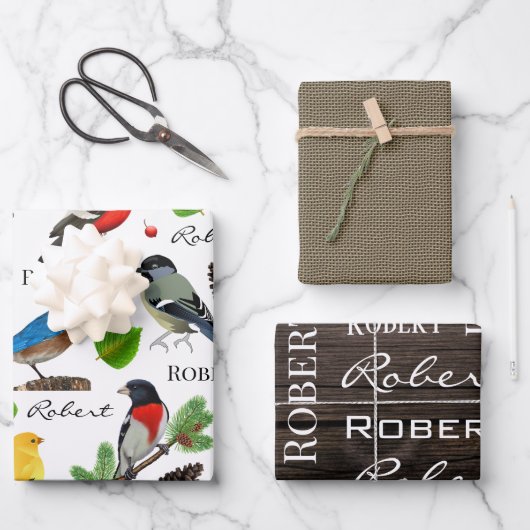 Feuille De Papier Cadeau Oiseaux personnalisés, bois et burlap (Recto)