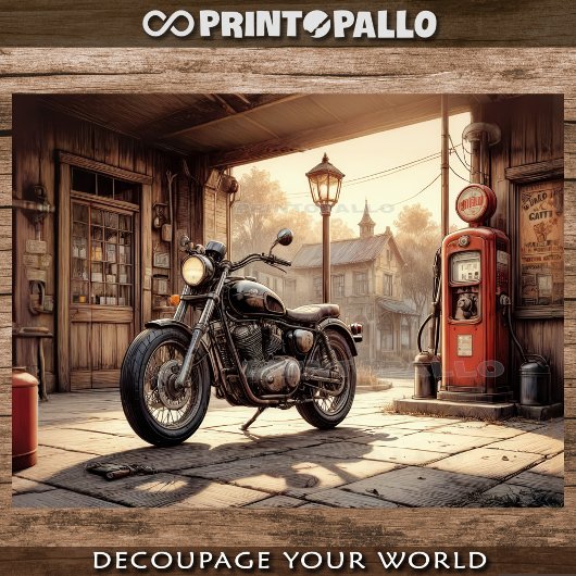 Feuille De Papier Cadeau Old motorcycle, a garage with oil pump - Decoupage
