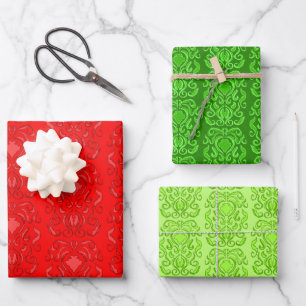 Feuille De Papier Cadeau Old World Damask Tonal Rouge et Motifs verts