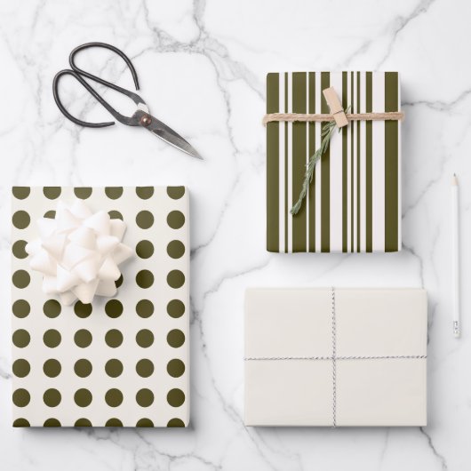 Feuille De Papier Cadeau Olive Green et Old Lace Pois et rayures (Recto)