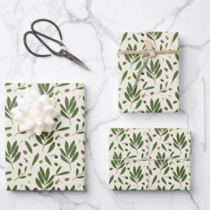 Feuille De Papier Cadeau Olives minimalistes et branches - motif sans soudu