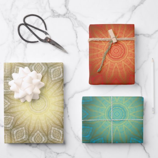 Feuille De Papier Cadeau Or avec Kaleidoscope Bleu Blanc ou Rouge (Recto)