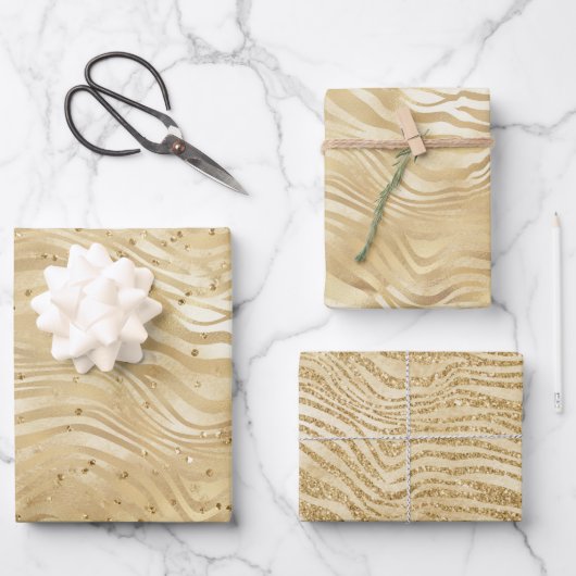 Feuille De Papier Cadeau Or Blanc Ombre Zebra Confetti Sparkles (Recto)