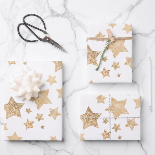 Feuille De Papier Cadeau Or étincelant étoiles Joyeux Noël blanc (Recto)