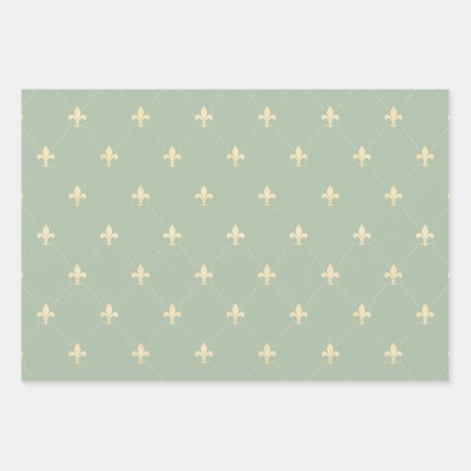 Feuille De Papier Cadeau Or Fleur de Lis sur Sage (Devant 3)