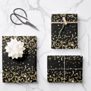 Feuille De Papier Cadeau Or Glam Imprimé Léopard Tache Noir Paillettes