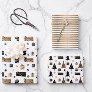 Feuille De Papier Cadeau Or noir motif de Noël scandinave sur fond blanc