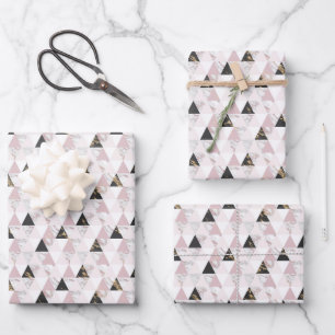 Feuille De Papier Cadeau Or Rose Noir Blanc Marbre Géométrique Anniversaire