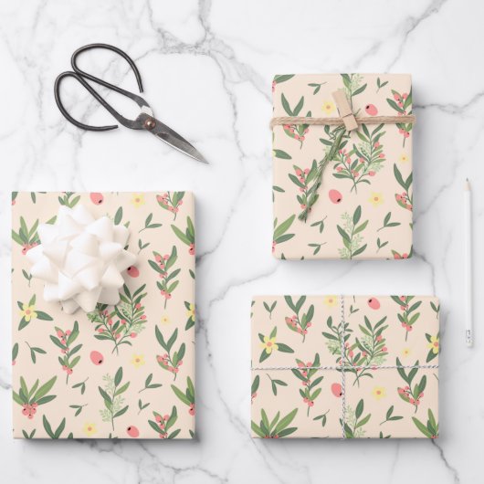 Feuille De Papier Cadeau Orange clair, vert et Saumon Motif de branche d'ol (Recto)