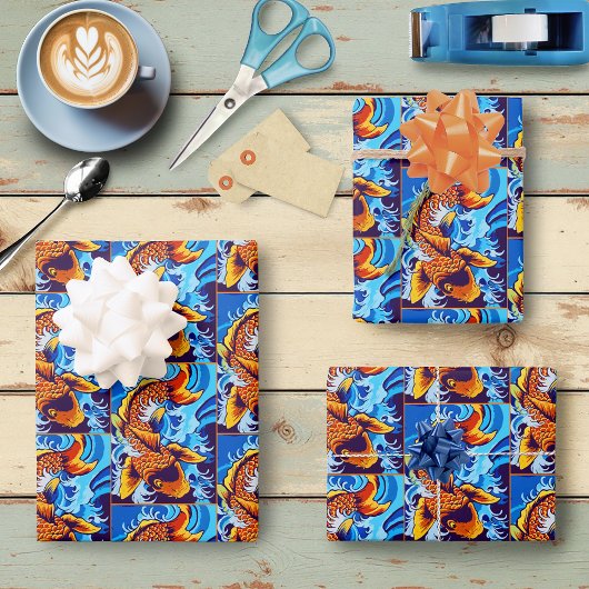 Feuille De Papier Cadeau Orange Koi Ish Bleu