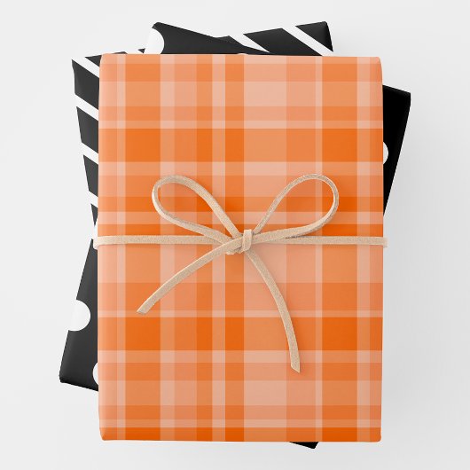 Feuille De Papier Cadeau Orange Plaid & Black & White