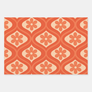 Feuille De Papier Cadeau Orange rétro les années 70 fleur sur ogee motif