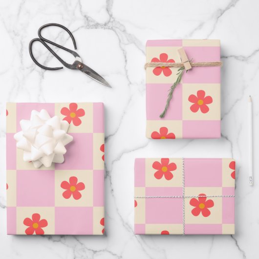 Feuille De Papier Cadeau Orange Super Fleurs Faisy & Joli Checker Rose (Recto)